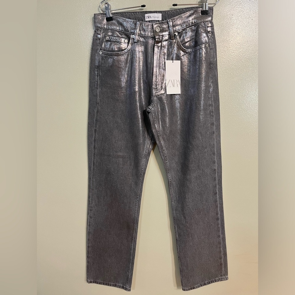 Zara Womens Straight Leg Gray Silver 100% Cotton Jeans Pockets size 6 NWT